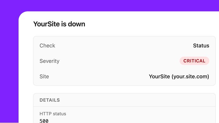 Sitepulse outage alert notification showing YourSite is down with critical severity